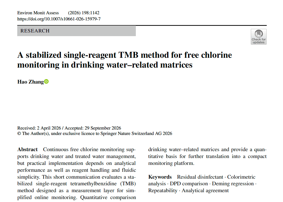 Environmental Monitoring and Assessment article A stabilized single-reagent TMB method for free chlorine monitoring in drinking-water-related matrices by Hao Zhang