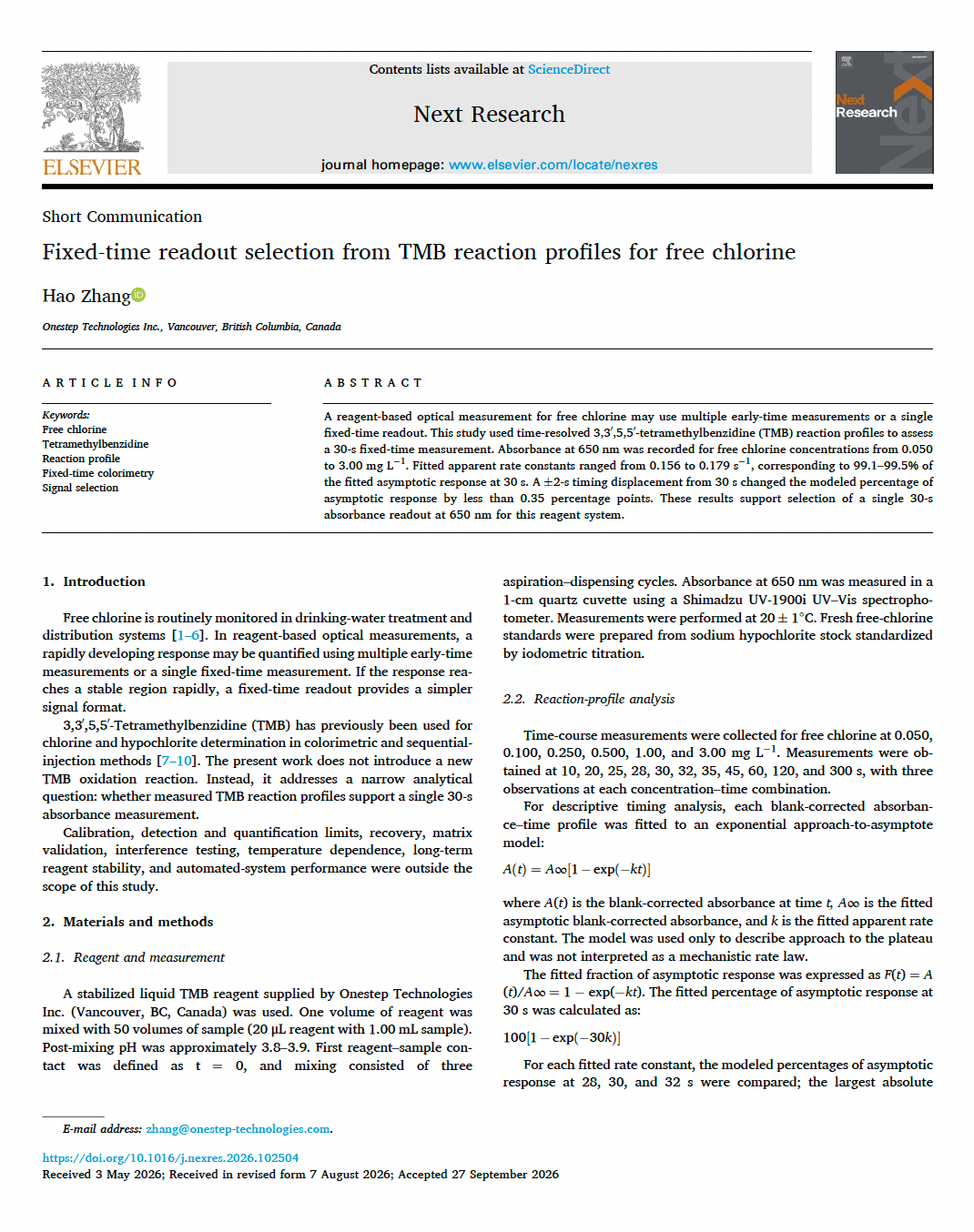 First page of the Next Research article Fixed-time readout selection from TMB reaction profiles for free chlorine
